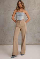 Beżowe Bawełniane Jeansy High Waist Wide Leg z Pionowymi Przeszyciami Ethemithea. Brązowe jeansy Renee, l, bez wzorów, z bawełny, rockowe, z podwyższonym stanem. Za 129.99 zł.