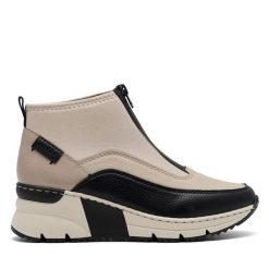 Botki Rieker. Brązowe botki Rieker, bez wzorów, bez obcasa, na koturnie, bez zapięcia. Za 230.99 zł.