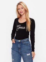 Guess Bluzka W3YI37 J1314 Czarny Slim Fit. Czarne bluzki Guess, xs, z aplikacjami, z bawełny, bez kołnierzyka, bez ramiączek. Za 189.99 zł.