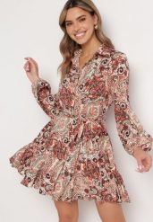 Beżowo-Pomarańczowa Sukienka Mini Rozkloszowana we Wzór Paisley z Materiałowym Paskiem Lirit. Brązowe sukienki Born2be, l, bez wzorów, z materiału, bez kołnierzyka, bez ramiączek, mini, rozkloszowane. W wyprzedaży za 135.99 zł.