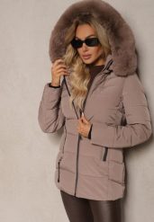 Ciemnobeżowa Kurtka z Pikowanymi Przeszyciami i Futrzanym Kapturem z Możliwością Odpięcia Zinriya. Brązowe kurtki Renee, xl, bez wzorów, z futra, eleganckie. W wyprzedaży za 118.99 zł.