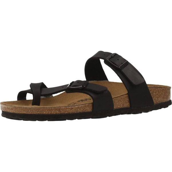 Klapki damskie Birkenstock Mayari BF. Czarne klapki Birkenstock, z aplikacjami, z jeansu, eleganckie, bez obcasa, bez zapięcia. Za 516.00 zł.