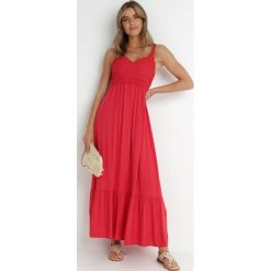 Czerwona Sukienka Stheuse. Czerwone sukienki Born2be, na randkę, s, bez wzorów, z koronki, eleganckie, bez kołnierzyka, bez ramiączek, maxi, trapezowe. W wyprzedaży za 90.99 zł.
