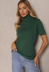 Ciemnozielony Golf z Dodatkiem Kaszmiru i Krótkim Rękawem Edirana. Zielone swetry Renee, bez wzorów, z jeansu, eleganckie, bez ramiączek. W wyprzedaży za 47.99 zł.