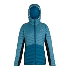Damska kurtka z kapturem Regatta Leedre. Niebieskie kurtki Regatta, bez wzorów, z puchu, sportowe, z kapturem. Za 259.99 zł.