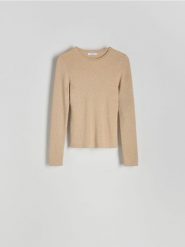 Sweter z metalizowaną nicią - złoty. Żółte swetry Reserved, l, bez wzorów, z dzianiny, bez ramiączek. W wyprzedaży za 49.99 zł.