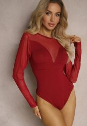 Bordowe Wiskozowe Body z Transparentnymi Wstawkami i Zapięciem na Haftki Maivia. Czerwone body i gorsety Renee, bez wzorów, z jeansu, bez ramiączek. W wyprzedaży za 47.99 zł.