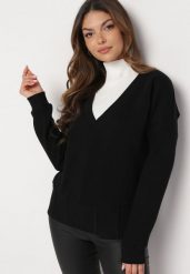 Czarna Bawełniana Bluza z Dekoltem w Serek Gitra. Czarne bluzy Born2be, bez wzorów, z bawełny, bez kaptura. W wyprzedaży za 84.99 zł.