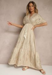 Beżowa Wiskozowa Sukienka Boho o Kopertowym Kroju z Metalicznym Haftem Redeselle. Brązowe sukienki Renee, na co dzień, m, z aplikacjami, z wiskozy, boho, bez kołnierzyka, bez ramiączek, maxi, kopertowe. W wyprzedaży za 91.99 zł.