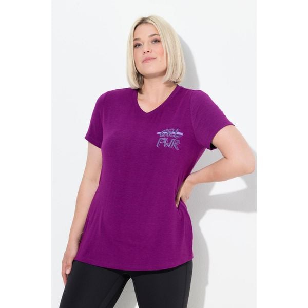Damskie Bluzka funkcyjna wycięcia dekolt w serek rękaw 1/2 z recyklingu. Fioletowe t-shirty sportowe Ulla Popken, plus size, bez wzorów, z elastanu, bez ramiączek. Za 199.99 zł.