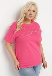 Różowy Bawełniany T-shirt z Ozdobnym Napisem i Cyrkoniami Olisandra. Czerwone t-shirty Born2be, plus size, z aplikacjami, z bawełny, klasyczne, bez kołnierzyka, bez ramiączek. Za 69.99 zł.
