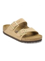 Birkenstock Skórzane klapki "Arizona" w kolorze beżowym rozmiar: 39. Brązowe klapki Birkenstock, bez wzorów, klasyczne, z otwartym noskiem, bez obcasa, bez zapięcia. Za 460.12 zł.