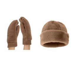 Damskie rękawiczki Teddy i czapka puchowa, rozmiar uniwersalny, kolor taupe. Brązowe czapki zimowe SARLINI, bez wzorów, z materiału, eleganckie. Za 186.35 zł.