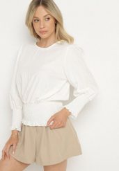 Biała Bluzka z Wiskozą i Ściągaczami Velio. Białe bluzki Born2be, uniwersalny, bez wzorów, z jeansu, eleganckie, bez kołnierzyka, bez ramiączek. W wyprzedaży za 63.74 zł.