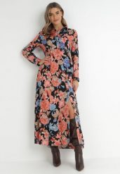 Czarno-Czerwona Sukienka Koszulowa z Rozcięciem w Kwiaty Vethere. Czarne sukienki Born2be, s, bez wzorów, eleganckie, bez kołnierzyka, bez ramiączek, maxi, koszulowe. W wyprzedaży za 55.99 zł.