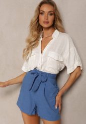 Granatowe Casualowe Szorty w Stylu Bermudów z Bawełny z Materiałowym Paskiem i Wszytą z Tyłu Gumką Lovanara. Niebieskie szorty Renee, bez wzorów, z bawełny, eleganckie. W wyprzedaży za 39.99 zł.