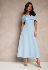 Niebieska Rozkloszowana Sukienka na Ramiączkach z Wywiniętym Dekoltem Jenavitia. Niebieskie sukienki Renee, na imprezę, m, bez wzorów, eleganckie, bez kołnierzyka, bez ramiączek, midi, rozkloszowane. W wyprzedaży za 111.99 zł.