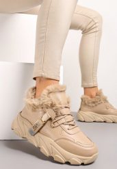 Ciemnobeżowe Sneakersy Przed Kostkę na Płaskiej Grubej Podeszwie z Ociepleniem ze Sztucznego Futerka Borrolla. Brązowe buty sportowe lifestyle Renee, na zimę, bez wzorów, sportowe, przed kostkę, bez zapięcia. W wyprzedaży za 103.99 zł.