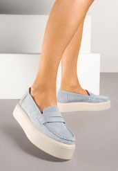 Jasnoniebieskie Mokasyny Skórzane na Platformie w Stylu Półbutów Sadawene. Niebieskie mokasyny Renee, bez wzorów. W wyprzedaży za 151.99 zł.