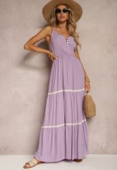 Fioletowa Sukienka Zapinana na Guziki na Ramiączkach z Gumką w Talii i Falbanką Tiamalia. Fioletowe sukienki Renee, na imprezę, l, bez wzorów, eleganckie, bez kołnierzyka, bez ramiączek, maxi. W wyprzedaży za 39.99 zł.