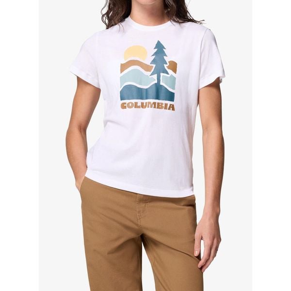 Koszulka z nadrukiem damska Columbia Ruby Springs Graphic Fitted. Białe t-shirty sportowe Columbia, bez wzorów, bez ramiączek. Za 99.99 zł.