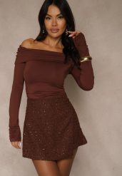 Brązowe Cekinowe Spódnico-Szorty z Wełną Fedalia. Brązowe szorty Renee, z aplikacjami, z wełny. Za 129.99 zł.