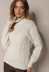 Beżowy Casualowy Golf z Tłoczonym Wzorem Daivyn. Brązowe swetry Renee, na zimę, bez wzorów, bez ramiączek. W wyprzedaży za 79.99 zł.