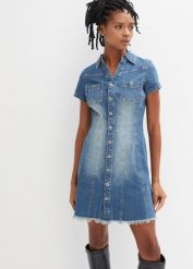 Sukienka dżinsowa z guzikami. Niebieskie sukienki bonprix, bez wzorów, bez kołnierzyka, bez ramiączek. Za 169.99 zł.