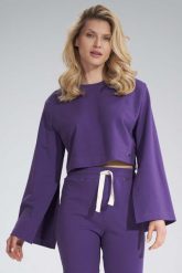 Krótka Bawełniana Bluza z Szerokim Rozciętym Rękawem - Fioletowa. Fioletowe bluzy Figl, s, bez wzorów, z bawełny, bez kaptura. Za 209.00 zł.