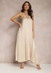 Beżowa Sukienka Ianima. Brązowe sukienki Renee, na imprezę, m, bez wzorów, z satyny, eleganckie, bez kołnierzyka, bez ramiączek, maxi, rozkloszowane. W wyprzedaży za 83.99 zł.