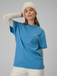 4F T-shirt loose z nadrukiem damski - granatowy L. Niebieskie t-shirty 4f, l, bez wzorów, z bawełny, bez kołnierzyka, bez ramiączek. Za 69.99 zł.