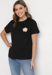 Czarny T-shirt z Bawełny Ozdobiony Haftem Kwiatka Nalariael. Czarne t-shirty Born2be, s, bez wzorów, z bawełny, eleganckie, bez kołnierzyka, bez ramiączek. Za 49.99 zł.