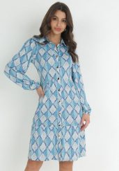 Niebieska Koszulowa Sukienka w Retro Wzór Alelena. Niebieskie sukienki Born2be, l, bez wzorów, retro, bez kołnierzyka, bez ramiączek, midi, koszulowe. W wyprzedaży za 132.99 zł.