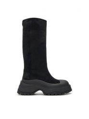Bronx Kozaki 14367-C Czarny. Czarne kozaki Bronx, bez wzorów, z materiału, bez obcasa, na płaskiej podeszwie, bez zapięcia. Za 599.99 zł.