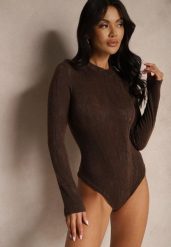Brązowe Klasyczne Body z Wiskozą Zdobione Wzorem Liści Ravilora. Brązowe body i gorsety Renee, z aplikacjami, z jeansu, bez ramiączek. W wyprzedaży za 67.99 zł.