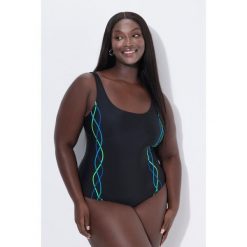 Damski Strój kąpielowy lamówki bez miękkich miseczek pas pod biustem. Czarne stroje jednoczęściowe Ulla Popken, bez wzorów, z elastanu, sportowe. Za 139.99 zł.