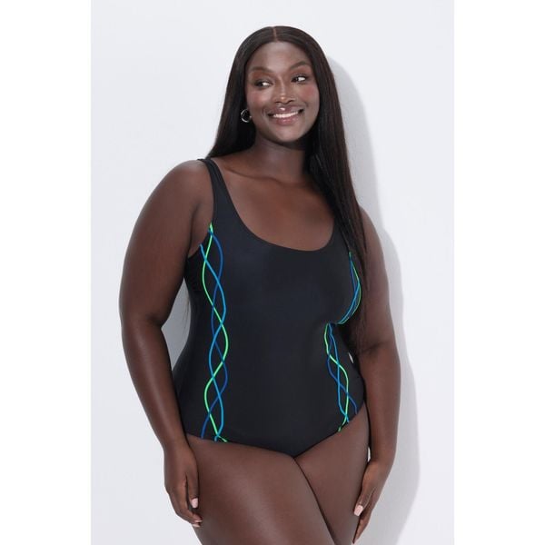 Damski Strój kąpielowy lamówki bez miękkich miseczek pas pod biustem. Czarne stroje jednoczęściowe Ulla Popken, bez wzorów, z elastanu, sportowe. Za 139.99 zł.