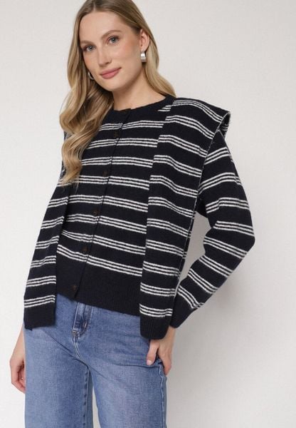 Granatowy Kardigan w Paski z Domieszką Wełny z Dodatkową Narzutką Fedina. Niebieskie swetry Born2be, bez wzorów, z jeansu, eleganckie, bez ramiączek. Za 119.99 zł.