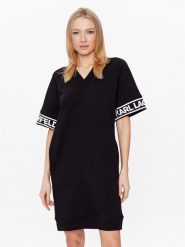 KARL LAGERFELD Sukienka dzianinowa Logo 225W1356 Czarny Relaxed Fit. Czarne sukienki KARL LAGERFELD, s, bez wzorów, z bawełny, bez kołnierzyka, bez ramiączek. Za 1,099.00 zł.