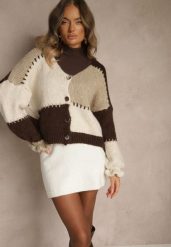 Brązowy Oversizowy Kardigan w Patchworkowym Stylu z Guzikami i Domieszką Wełny Atavita. Brązowe swetry Renee, na zimę, bez wzorów, z wełny, bez ramiączek. Za 169.99 zł.