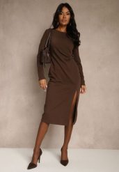 Brązowa Sukienka Bodycon z Bawełną i Paskami z Klamrami z Boku Esenelia. Brązowe sukienki Renee, na spotkanie biznesowe, l, bez wzorów, z bawełny, klasyczne, bez kołnierzyka, bez ramiączek, midi, bodycon. Za 139.99 zł.