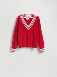 Sweter z lnem - czerwony. Czerwone swetry Reserved, l, bez wzorów, z bawełny, bez ramiączek. Za 199.99 zł.