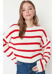 Trendyol Sweter w kolorze biało-czerwonym rozmiar: M. Białe swetry Trendyol, m, bez wzorów, ze splotem, bez ramiączek. Za 91.99 zł.