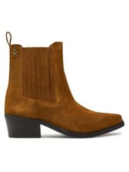 Tommy Hilfiger Botki Th Suede Cowboy Boot FW0FW08034 Brązowy. Brązowe botki Tommy Hilfiger, bez wzorów, ze skóry, bez obcasa, na słupku, bez zapięcia. Za 379.99 zł.