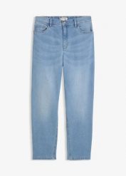 Jeansy o kroju mom, high waist, o skróconej długości. Niebieskie jeansy bonprix, bez wzorów, z jeansu, z podwyższonym stanem. Za 119.99 zł.