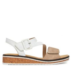 Sandały Rieker. Białe sandały Rieker, bez wzorów, bez obcasa, na koturnie, bez zapięcia. Za 299.99 zł.