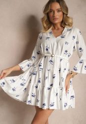 Biała Rozkloszowana Sukienka z Wiskozą Zdobiona Haftem i Falbanami Aliorra. Białe sukienki Renee, na co dzień, l, z aplikacjami, z bawełny, eleganckie, bez kołnierzyka, bez ramiączek, mini, proste. W wyprzedaży za 104.99 zł.