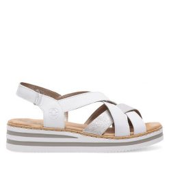 Sandały Rieker. Białe sandały Rieker, bez wzorów, bez obcasa, na koturnie, bez zapięcia. Za 299.99 zł.