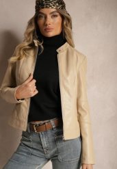 Jasnobeżowa Taliowana Kurtka Typu Ramoneska z Odpinanym Kapturem Imitującym Bluzę Meloriane. Brązowe kurtki Renee, l, z aplikacjami, z jeansu, eleganckie. W wyprzedaży za 119.99 zł.