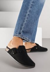 Czarne Kapcie Typu Chodaki na Podeszwie z Korka Ozdobione Klamrą Alanelle. Czarne kapcie Renee, bez wzorów, z jeansu. Za 69.99 zł.